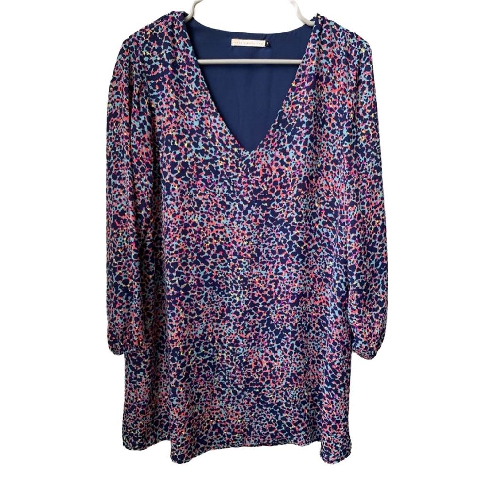 382 Women’s V-neck Navy, Blue, Gray, Magenta, Coral, Yellow Print Mini Dress